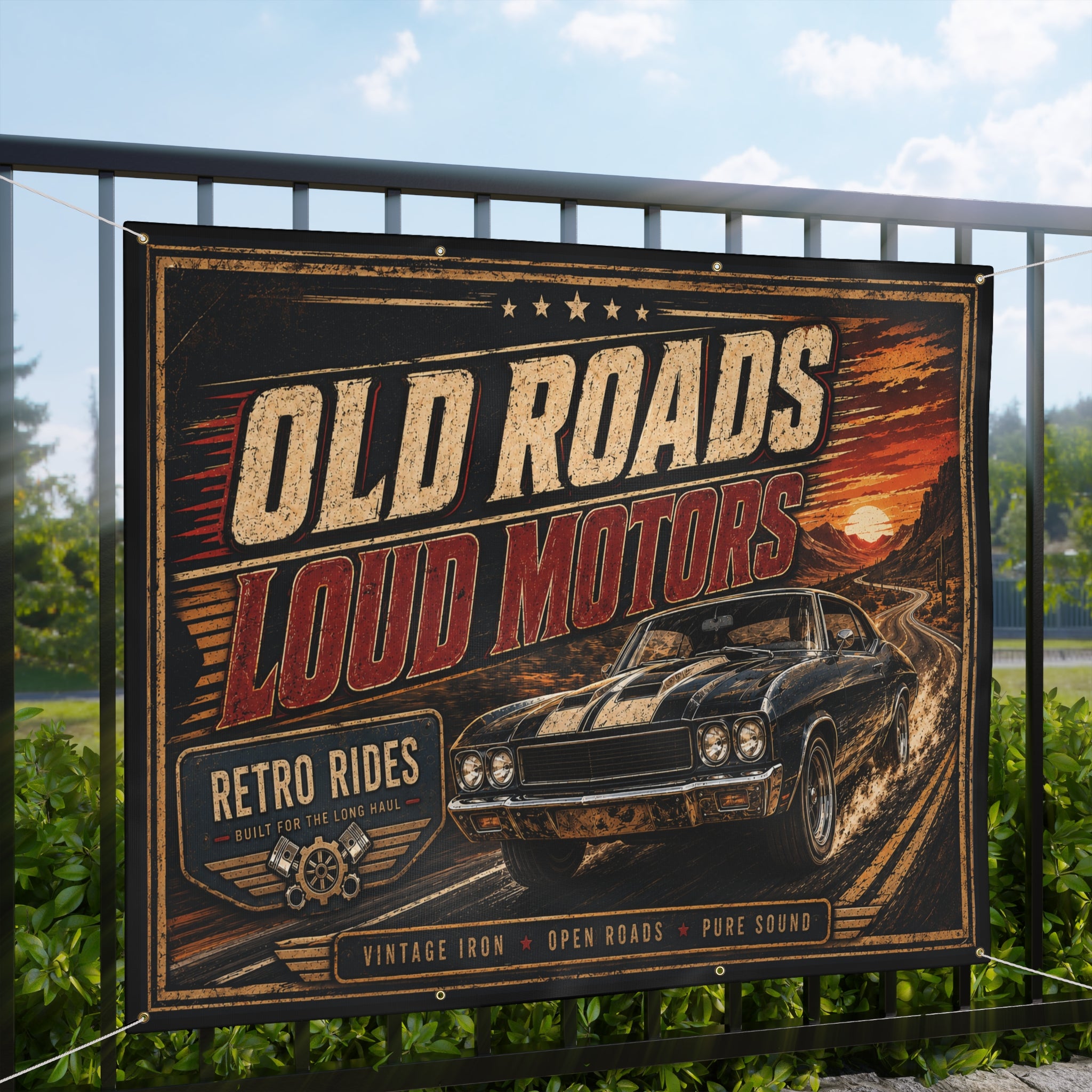 Old Roads Loud Motors Garage Banner
