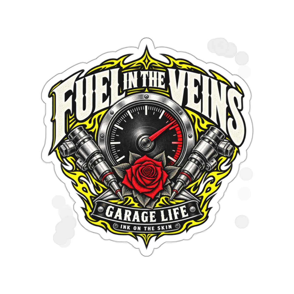 Fuel In The Veins Die-Cut Sticker 3 with Garage Life artwork by Print Gear