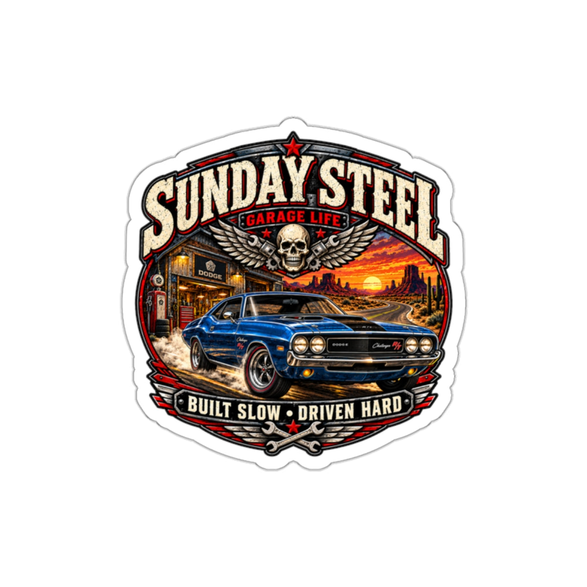 Sunday Steel Die-Cut Sticker 1 with Garage Life artwork by Print Gear