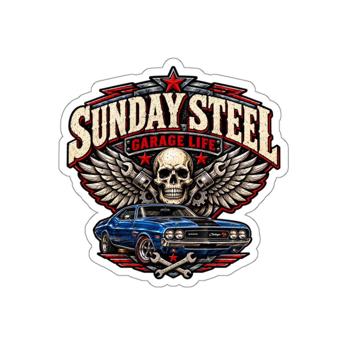 Sunday Steel Die-Cut Sticker 2 with Garage Life artwork by Print Gear