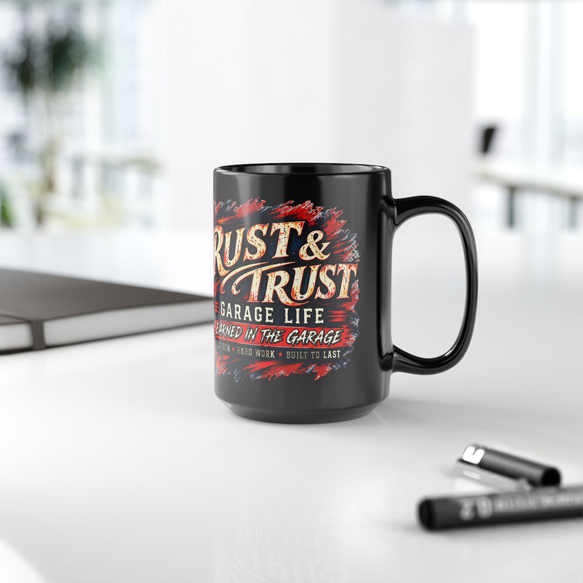 Rust & Trust Black Mug 15oz with Garage Life artwork by Print Gear