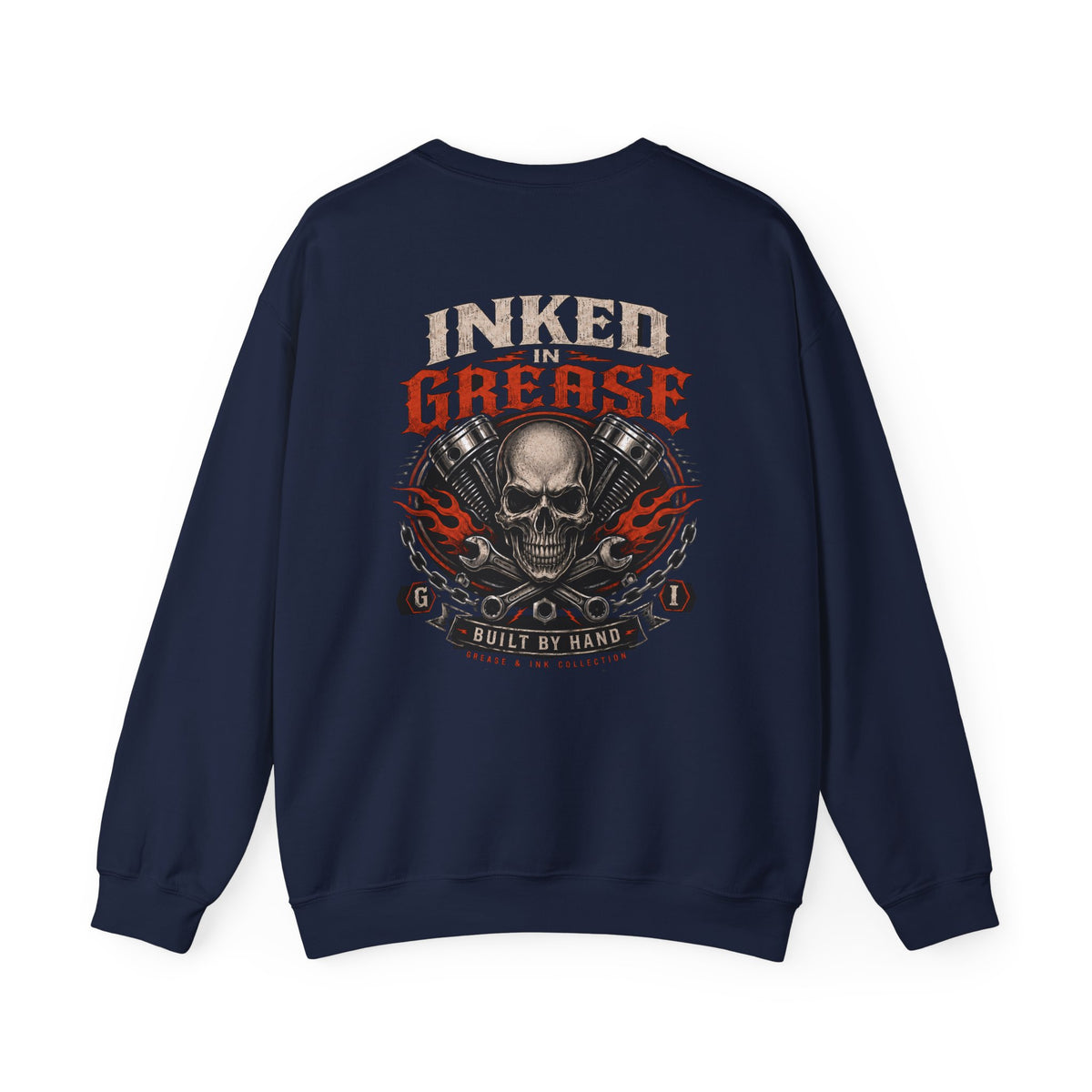 Inked In Grease Crewneck with Garage Life artwork by Print Gear