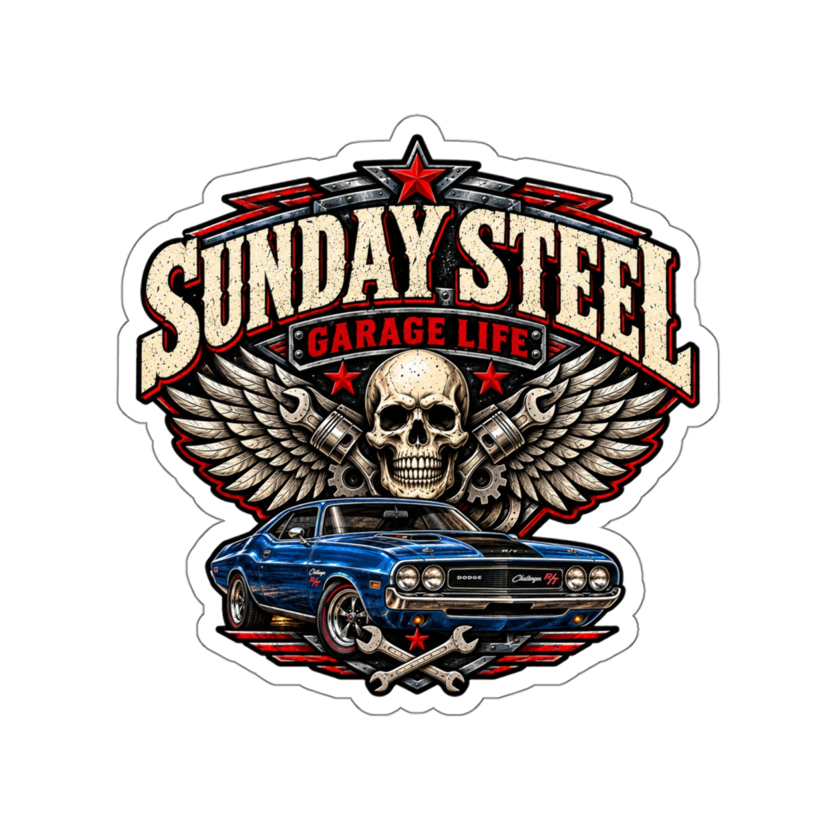 Sunday Steel Die-Cut Sticker 2 with Garage Life artwork by Print Gear