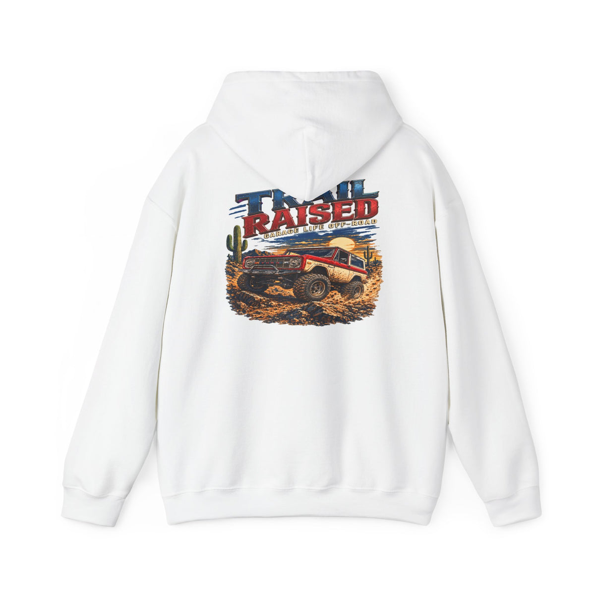 Trail Raised Hoodie with Garage Life artwork by Print Gear