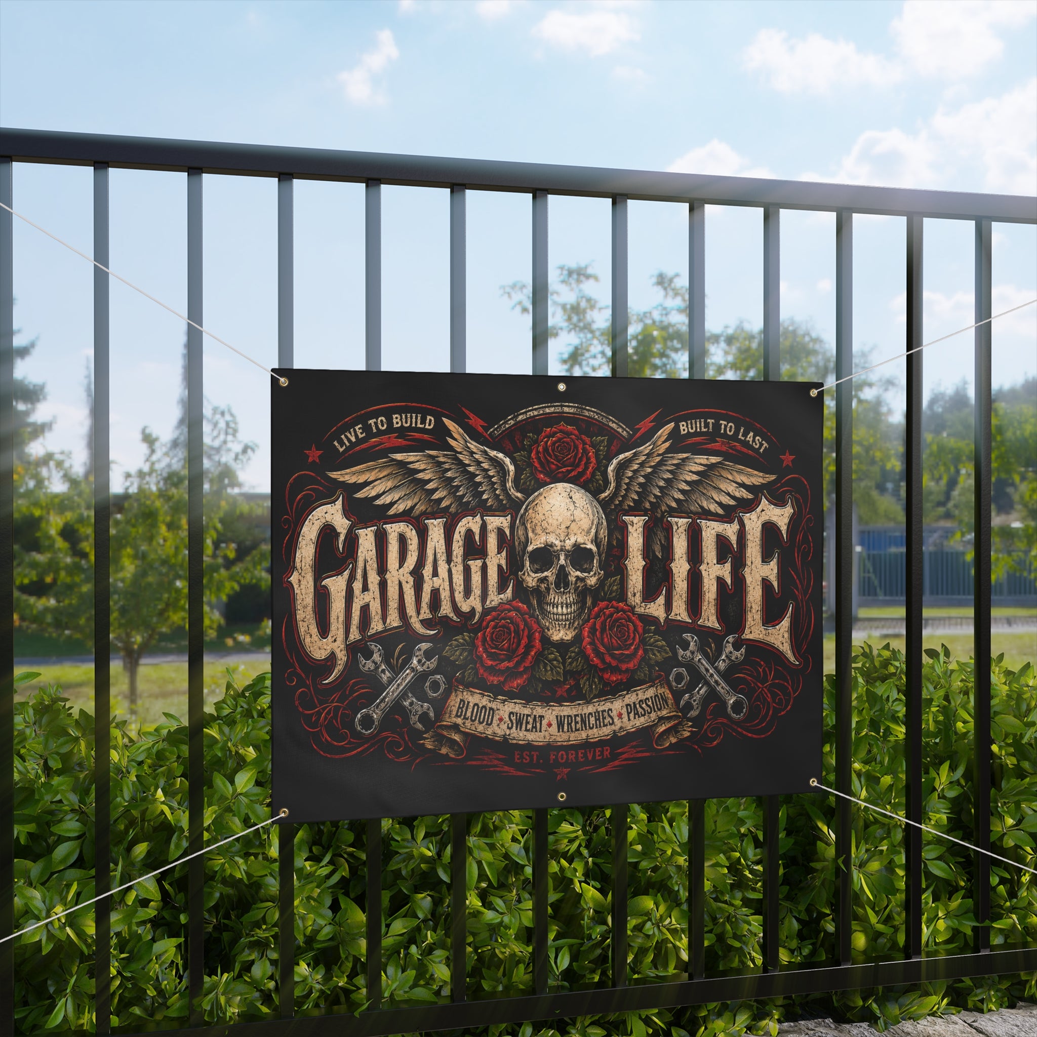 Garage Life Skull Wings Garage Banner