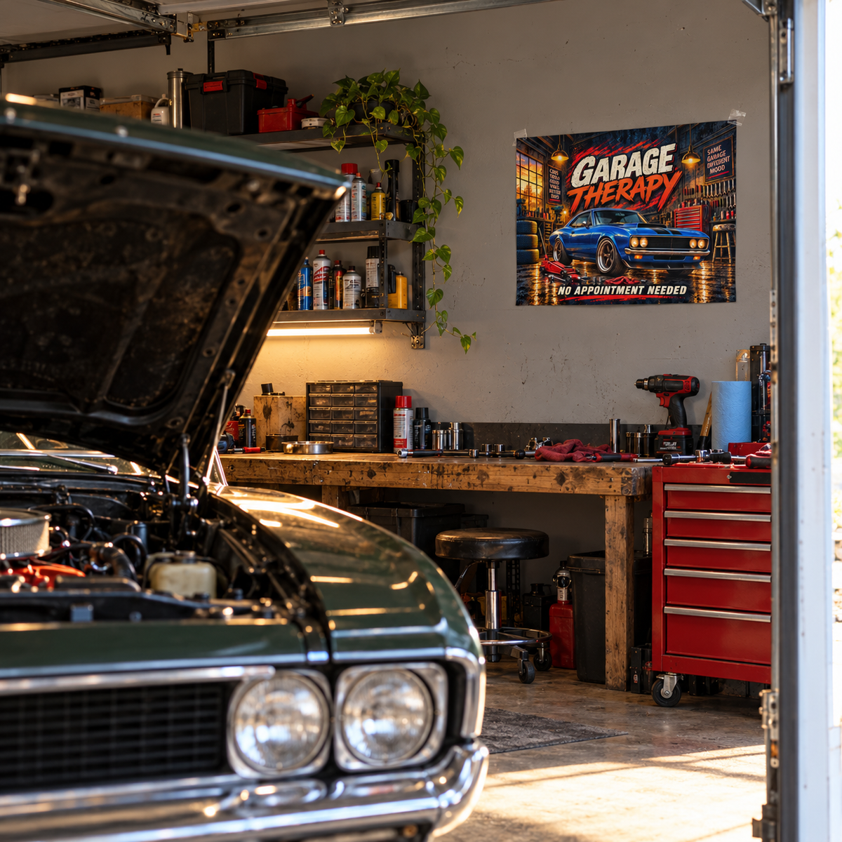 Garage Therapy 20 x 16 inch unframed matte poster on the back wall of a working garage, beside a workbench and red tool chest, with a classic car in the foreground.
