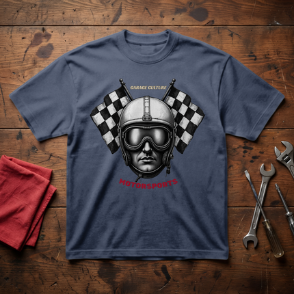 Motorsports Racing Helmet Tee — Vintage Checkered Flag Racer Shirt