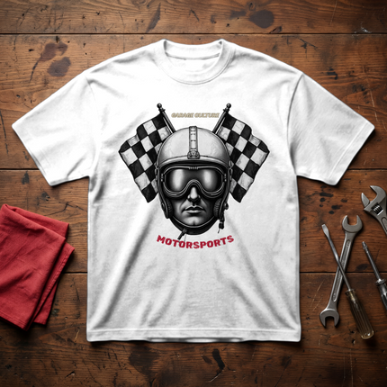 Motorsports Racing Helmet Tee — Vintage Checkered Flag Racer Shirt